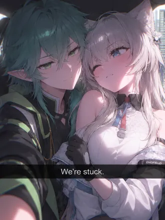 RubickSlime и беловолосая девушка прижались щеками, кадр с подписью «We're stuck»